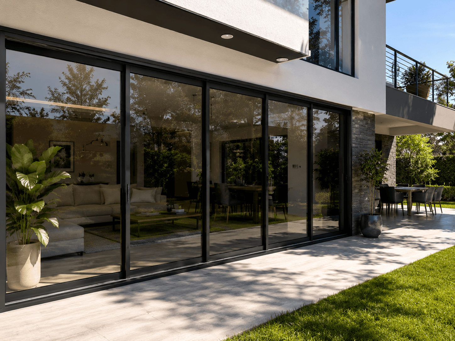 Casa moderna con ventanales para simular nivel de pelicula